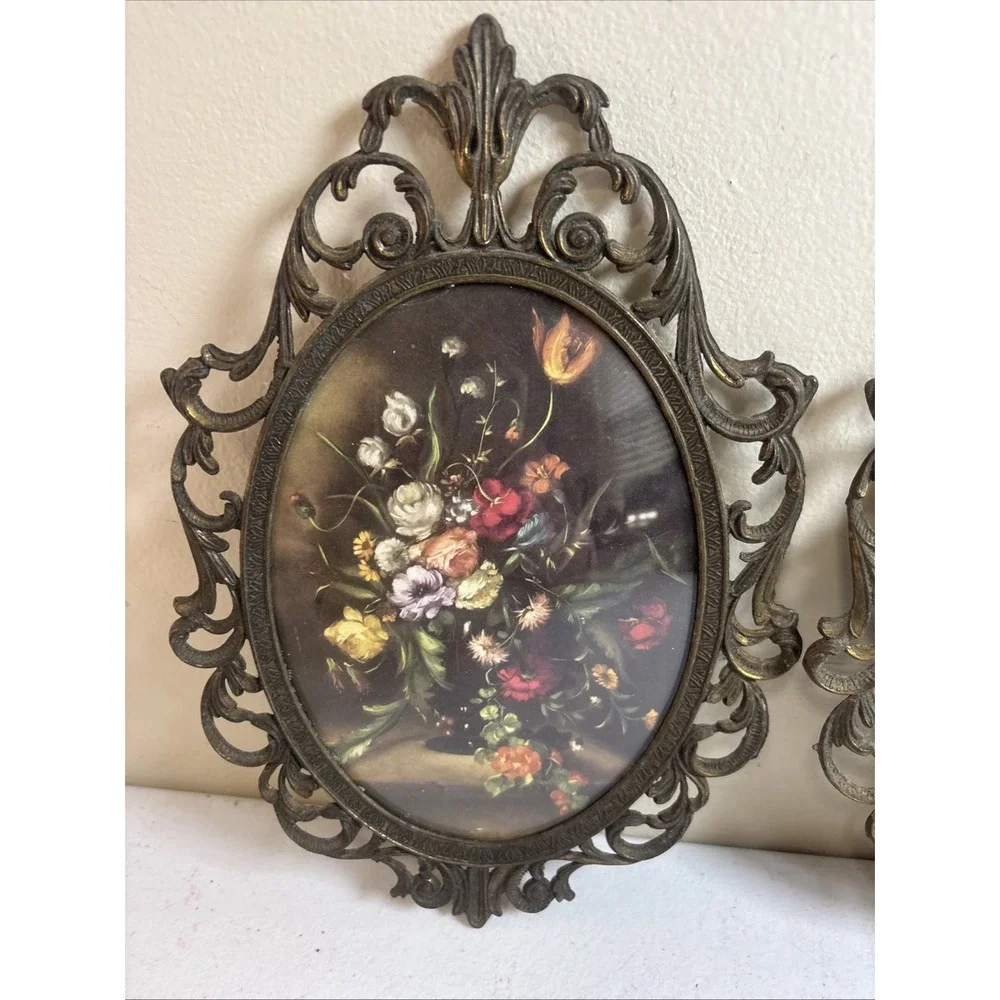 Pair Vintage Oval Metal Ornate Frame Floral Pictured Bubble Glass Made in Italy